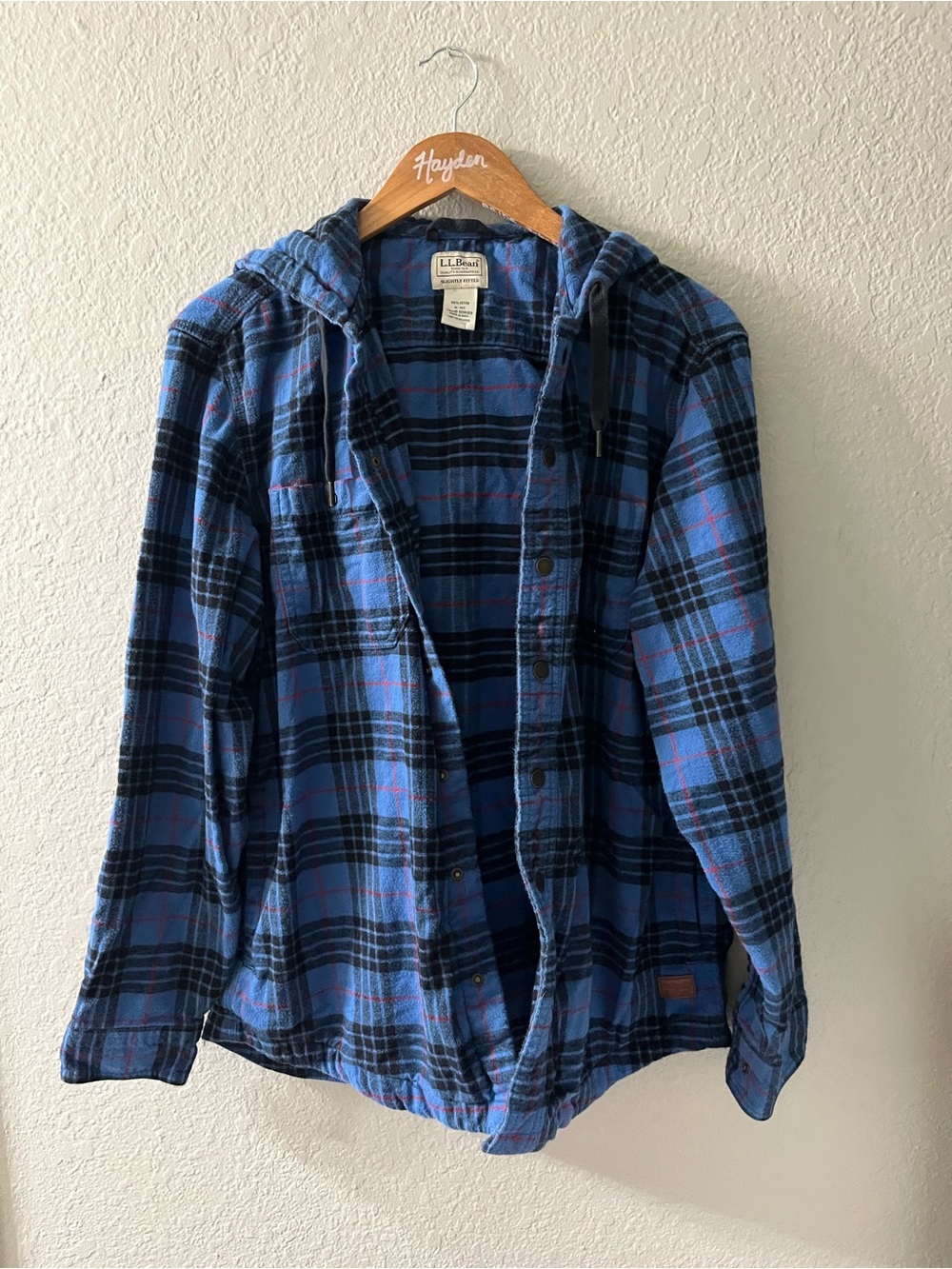 L.L. Bean Blue and Black Plaid Hooded Flannel Jacket